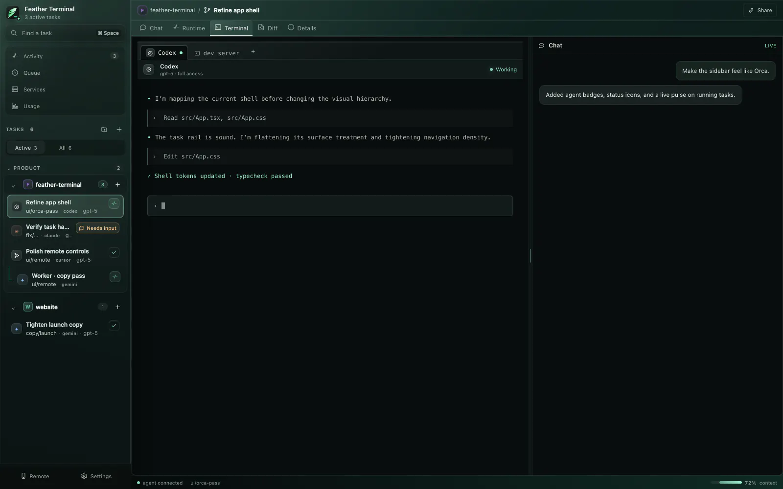 Feather Terminal desktop workspace showing parallel coding tasks, a Codex terminal, and a live chat panel.