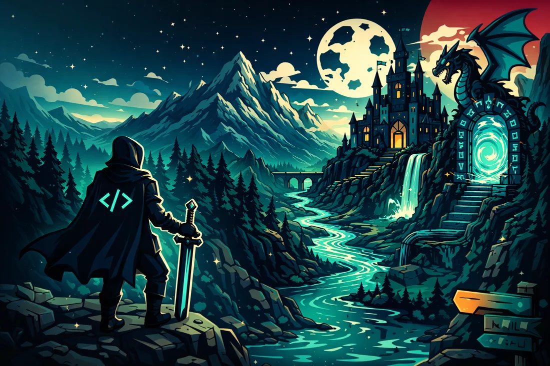 The Dev Realm fantasy artwork: a developer overlooking a glowing river, mountains, and a dragon-guarded portal.